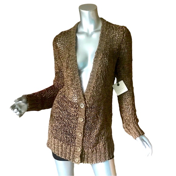 Hinge Small Brown V Neck Button Front Long Sleeve Open Knit Cardigan Stretchy - Picture 1 of 16